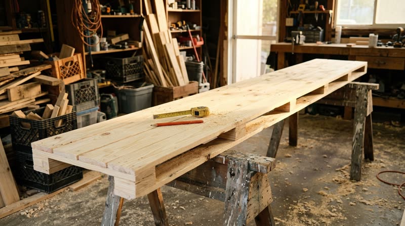 A long custom-built pallet on sawhorses with a tape measure