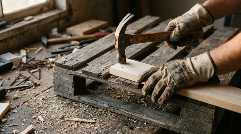 Gloved hands fitting a new board onto a weathered pallet