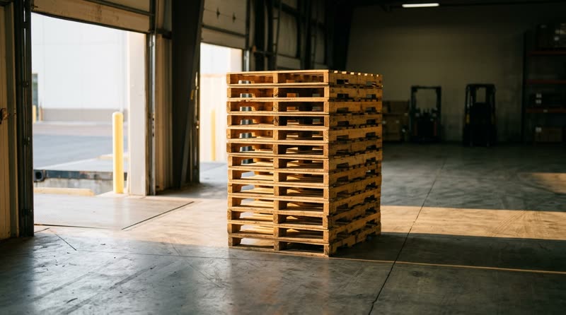 A neat stack of wooden pallets inside a warehouse door